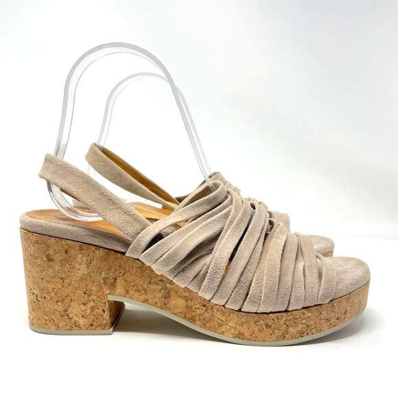 CocucoSuede Slingback Sandals Strappy Cork Heels Cream Tan 38 / 7